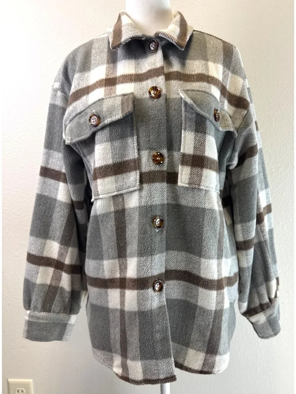 Plaid Button-Up Shacket Jacket Pockets Neutral Gray/Brown Tones Oversized Small
